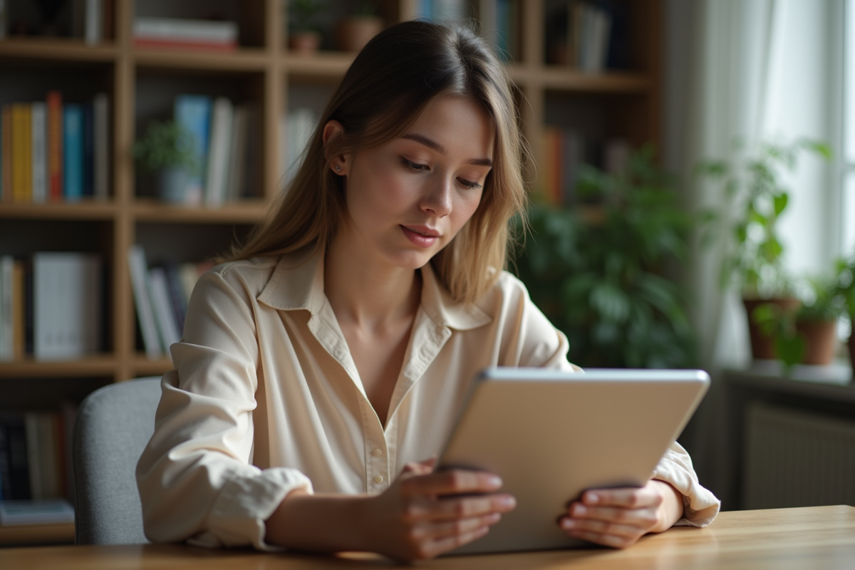 Jeune femme testant des palettes de couleurs sur une tablette dans un bureau moderne