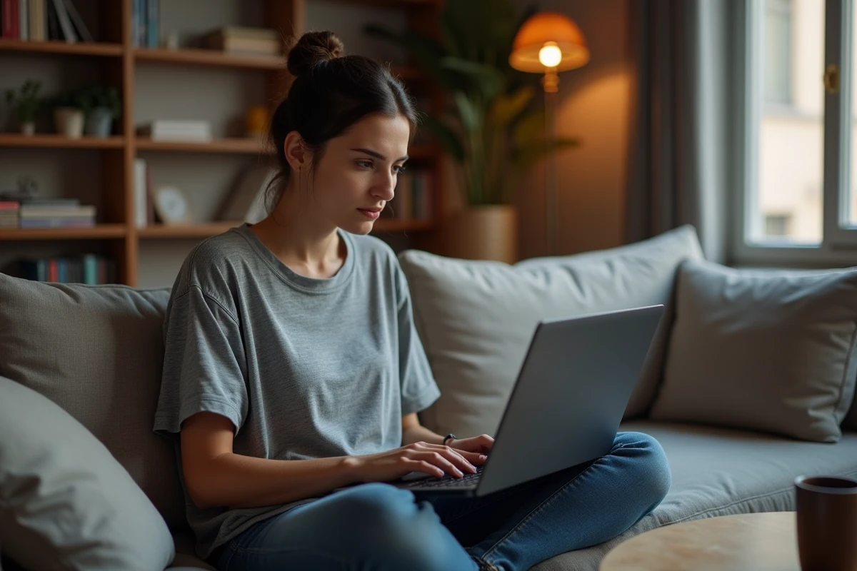 Femme méfiante téléchargeant un fichier ROM sur son ordinateur portable dans un appartement cosy, risques de téléchargement illégal
