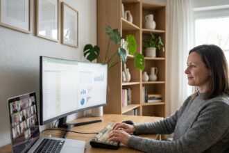 Femme en télétravail à un bureau home office bien organisé avec écran large, clavier mécanique et laptop ouvert en visioconférence