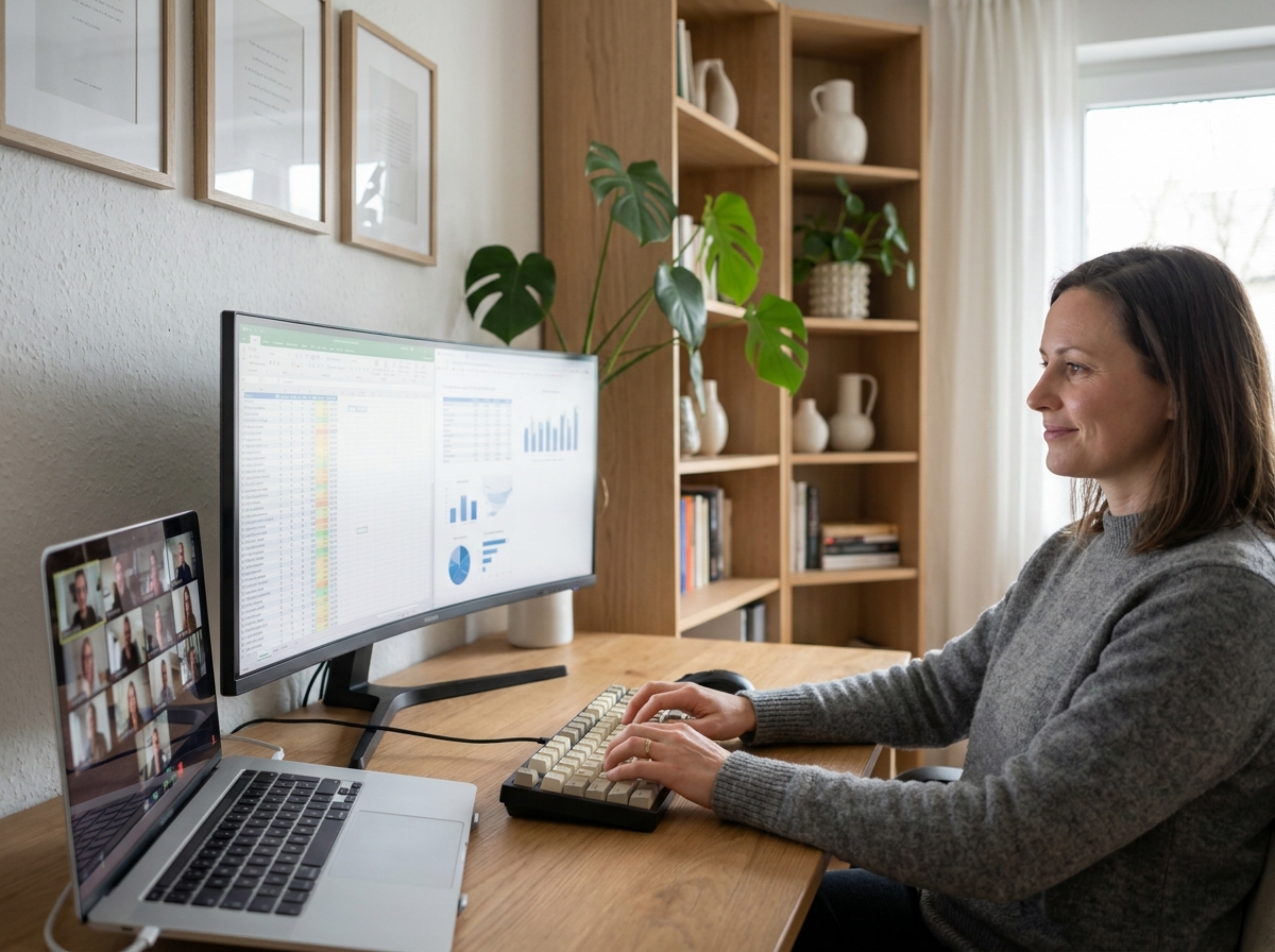 Femme en télétravail à un bureau home office bien organisé avec écran large, clavier mécanique et laptop ouvert en visioconférence