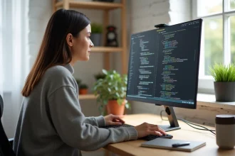 Femme en télétravail devant un grand écran OLED 27 pouces dans un bureau minimaliste scandinave