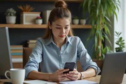 Jeune femme testant un site sur smartphone dans un bureau