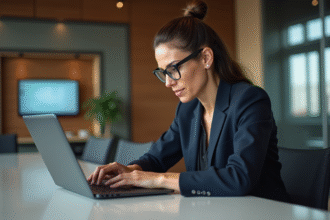 Femme en costume analysant des données sur un ordinateur