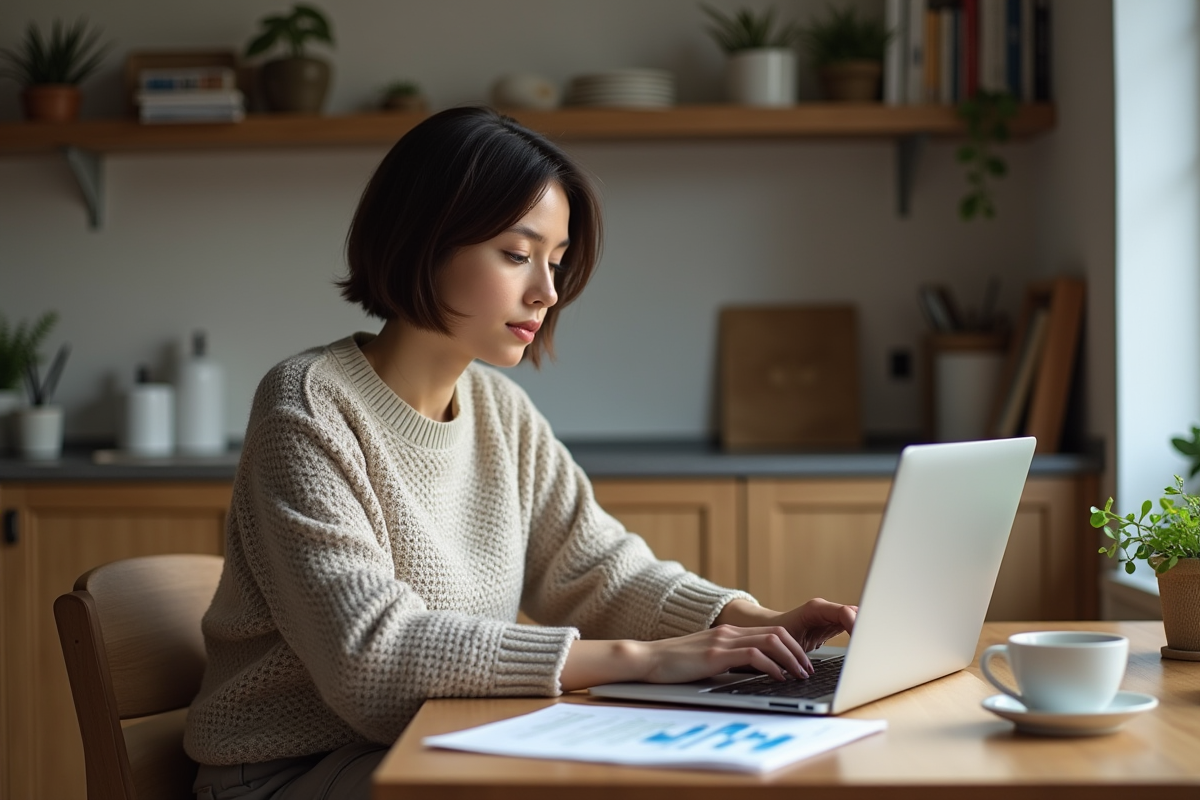 Jeune femme travaillant à la maison sur un ordinateur portable