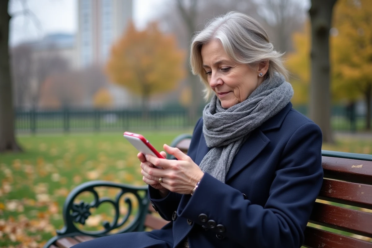 Femme vérifiant un téléphone dans un parc urbain en automne