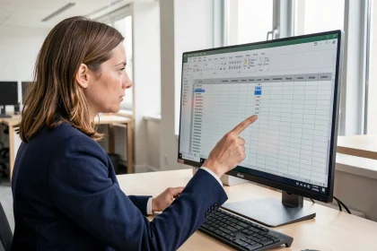 Femme en blazer marine utilisant Excel sur grand écran avec des lignes et colonnes figées visibles dans un tableau imprimable