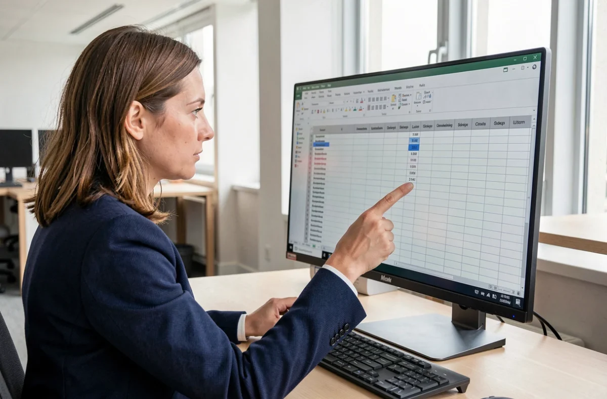 Femme en blazer marine utilisant Excel sur grand écran avec des lignes et colonnes figées visibles dans un tableau imprimable