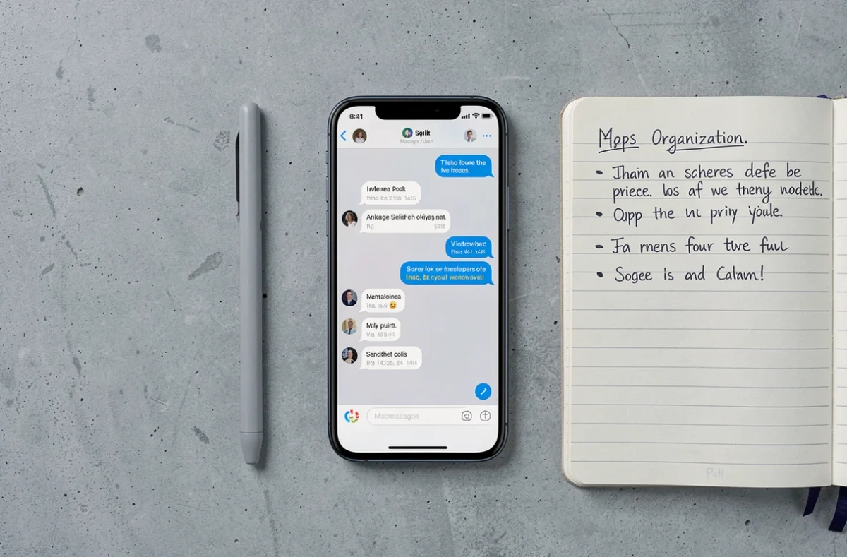 Vue aérienne d'un smartphone affichant une conversation Messenger avec un sondage à supprimer, posé sur une surface en béton