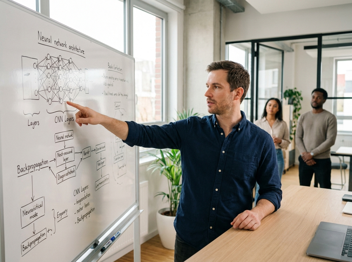 Formateur en intelligence artificielle expliquant les réseaux de neurones sur un tableau blanc dans un open space technologique