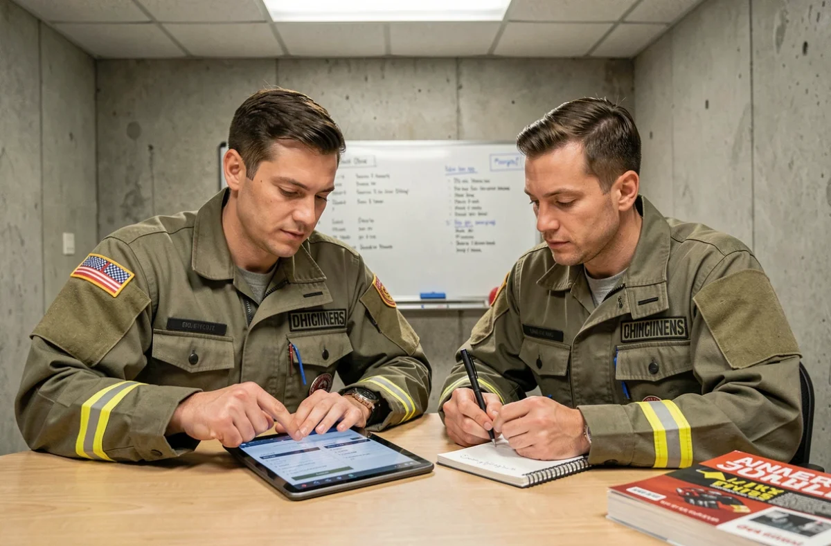 Deux sapeurs-pompiers du SDIS 61 en formation sur l'utilisation du logiciel Artemis avec une tablette numérique en caserne