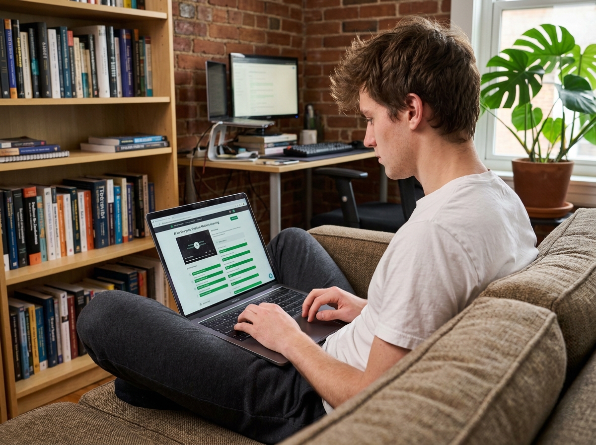 Jeune homme suivant une formation en ligne pour devenir développeur en intelligence artificielle depuis chez lui