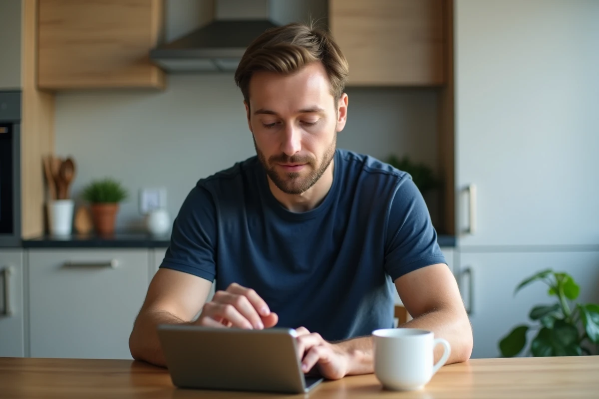Homme utilisant une tablette dans sa cuisine pour gérer ses contacts sur Messenger et Facebook