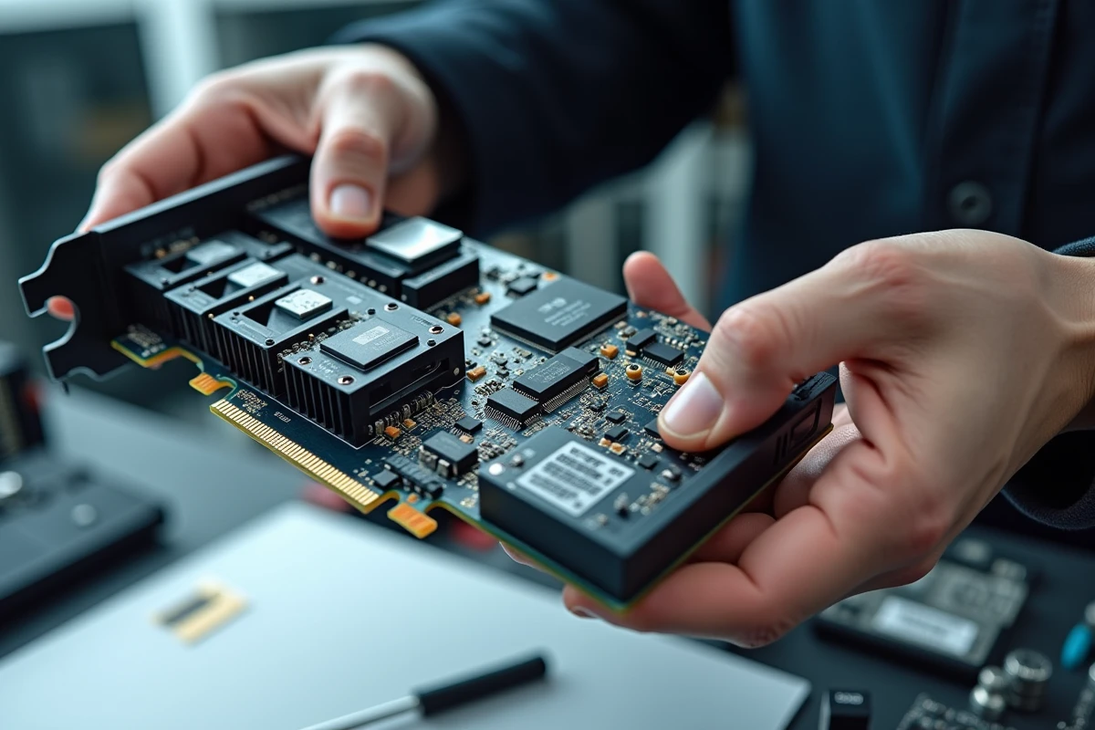 Gros plan sur une carte graphique RTX 5070 tenue en main au-dessus d'un établi de montage PC, détail du circuit imprimé et du système de refroidissement