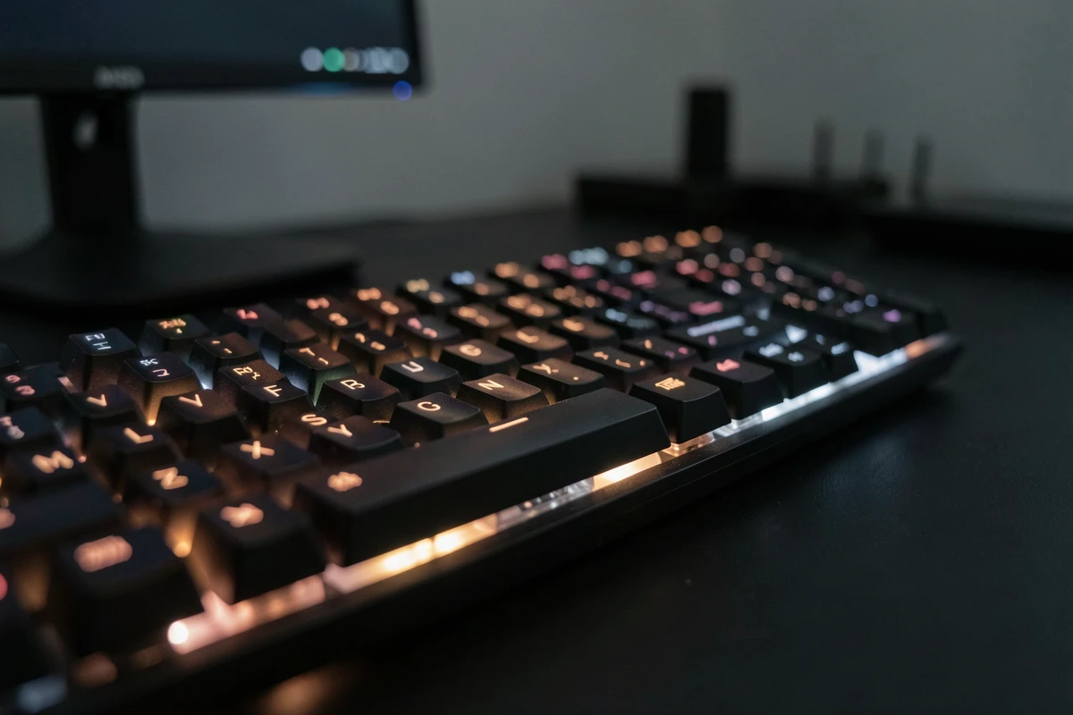 Gros plan sur un clavier mécanique QWERTY rétroéclairé posé sur un bureau sombre avec reflets colorés