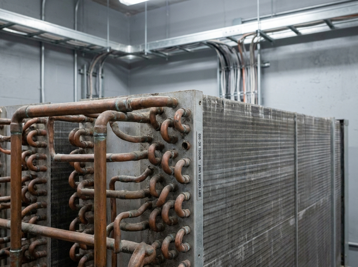 Gros plan sur les échangeurs thermiques en cuivre et aluminium d'un dry cooler pour équipements informatiques sensibles