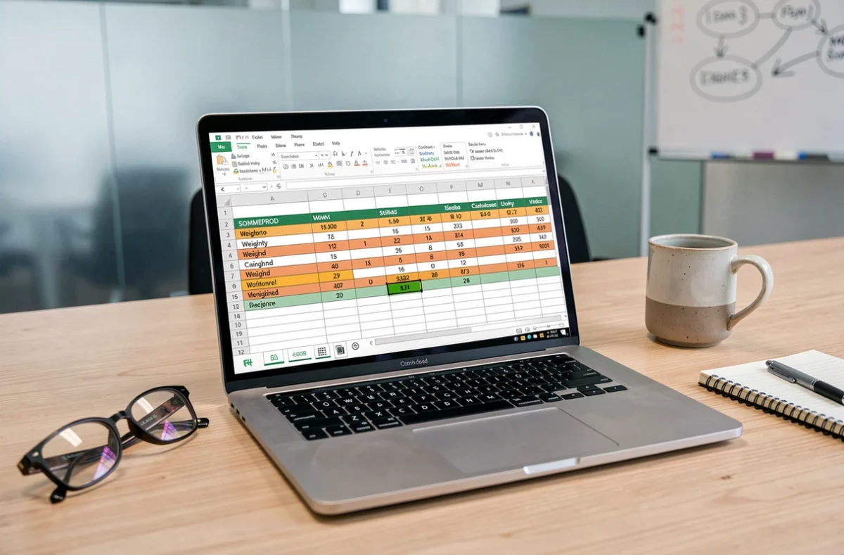 Gros plan d'un écran d'ordinateur portable affichant une formule SOMMEPROD dans Excel pour automatiser le calcul de moyenne pondérée