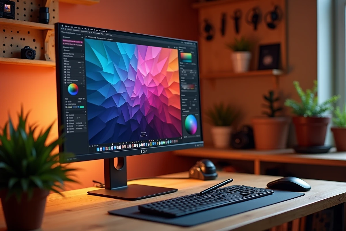 Gros plan sur un écran OLED 27 pouces affichant une interface de retouche photo avec noirs profonds et couleurs vives sur un bureau de studio créatif