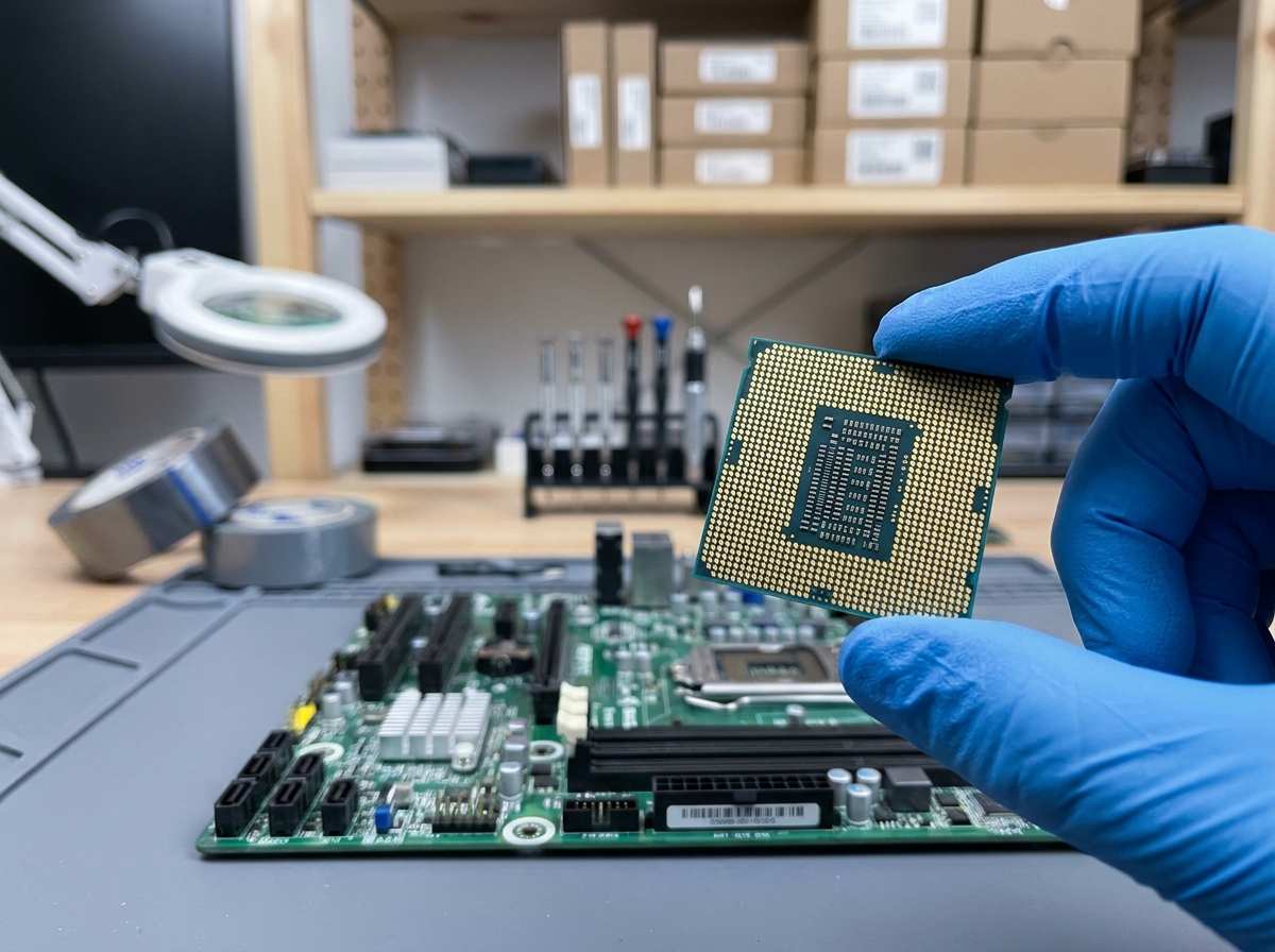 Gros plan d'un processeur Intel i5 tenu par un technicien en gants anti-statiques au-dessus d'une carte mère, détails des contacts dorés et circuits visibles en atelier informatique