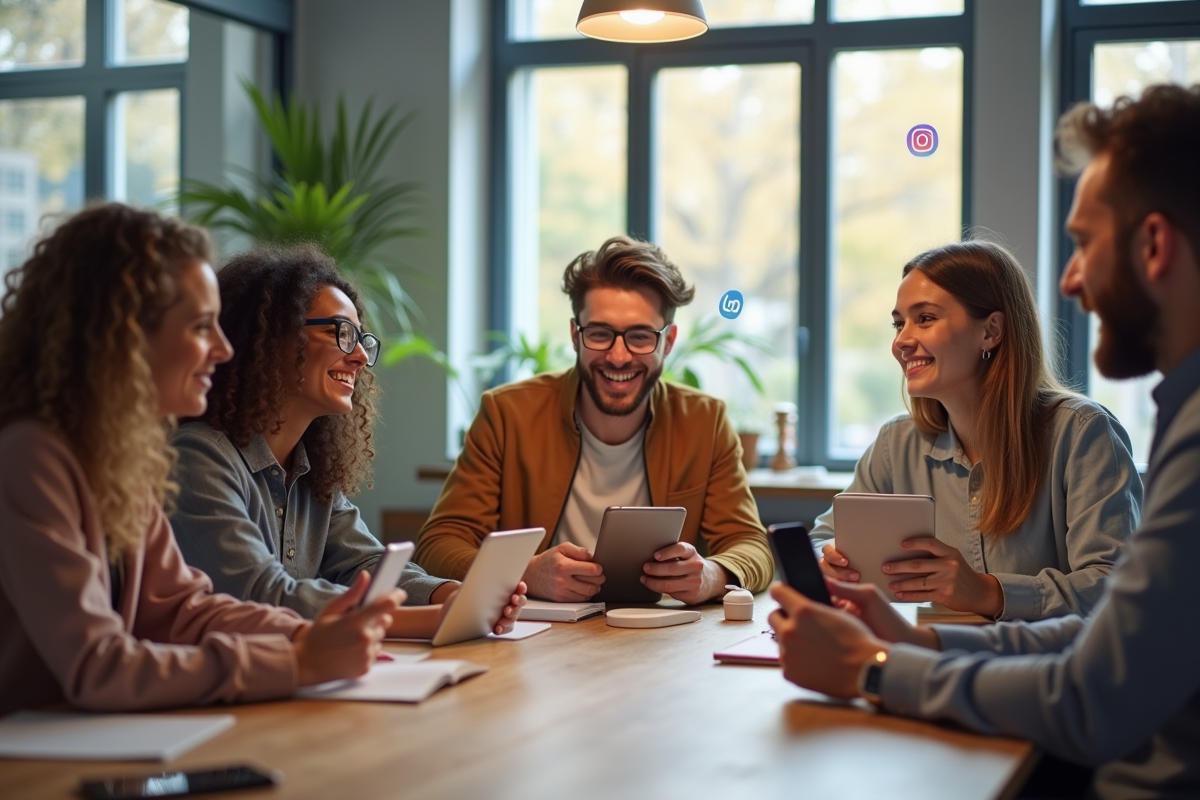 Groupe de jeunes discutant avec smartphones et icônes sociales