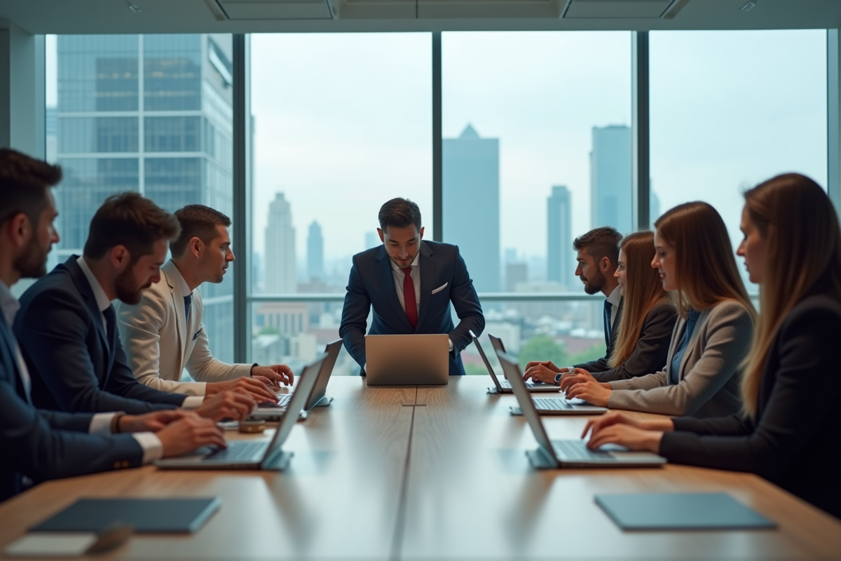 Groupe de professionnels en réunion dans un bureau moderne
