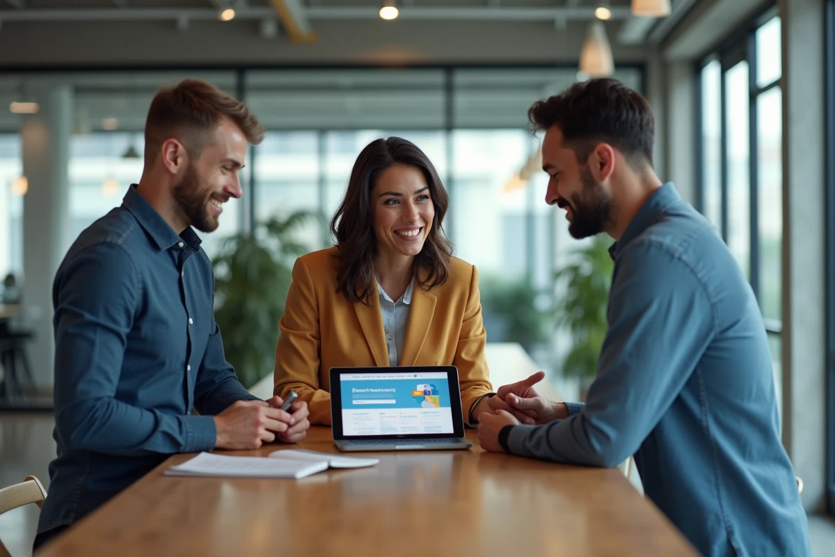 Groupe de professionnels discutant autour d une table en open space