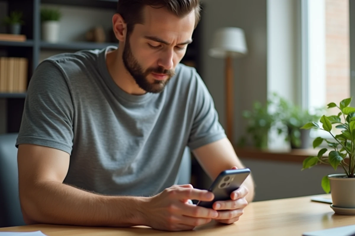 Homme consultant l'historique du presse-papier Android sur son smartphone posé sur un bureau en bois