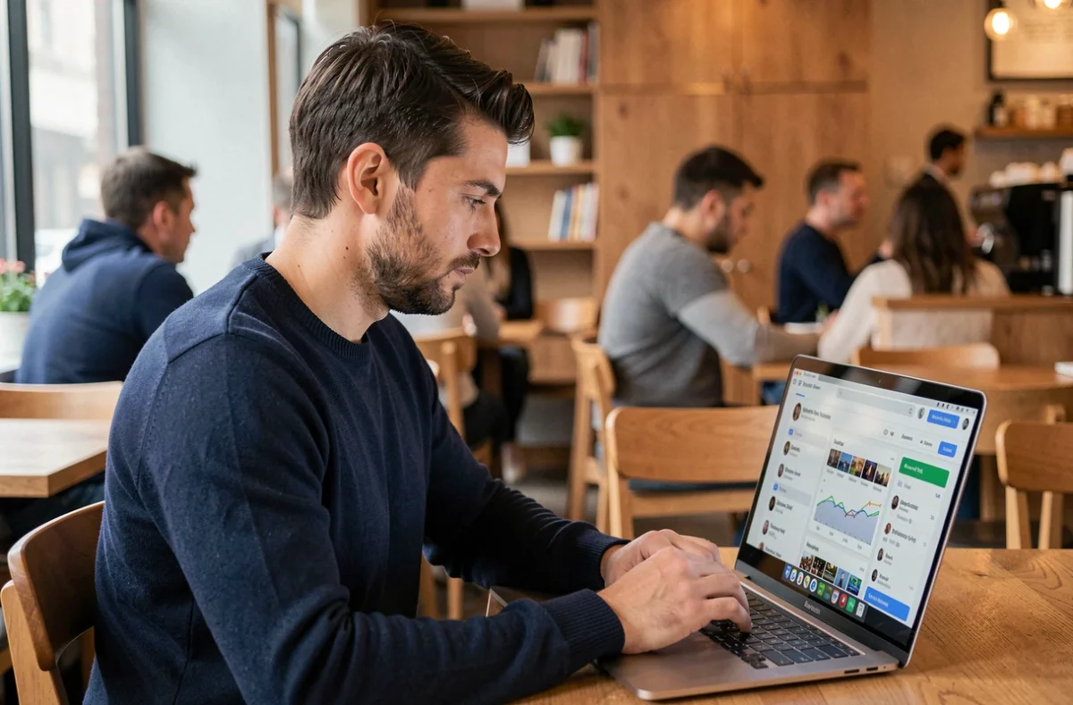 Homme analysant un tableau de bord de réseaux sociaux sur ordinateur portable dans un café