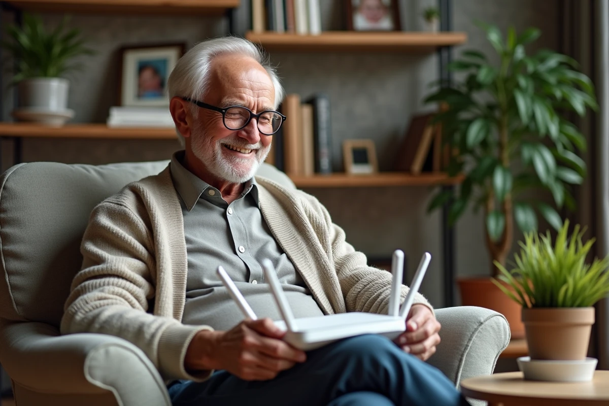 Homme âgé ajustant les antennes de son routeur WiFi dans le salon