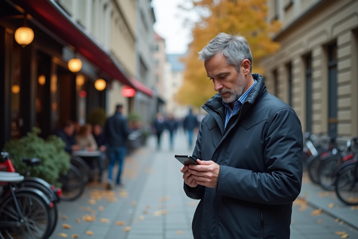 Homme utilisant l'app Localiser sur iPhone dans une rue urbaine pour suivre ses appareils Apple