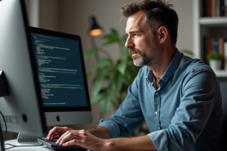 Homme d'âge moyen examinant l'écran BIOS d'un ordinateur