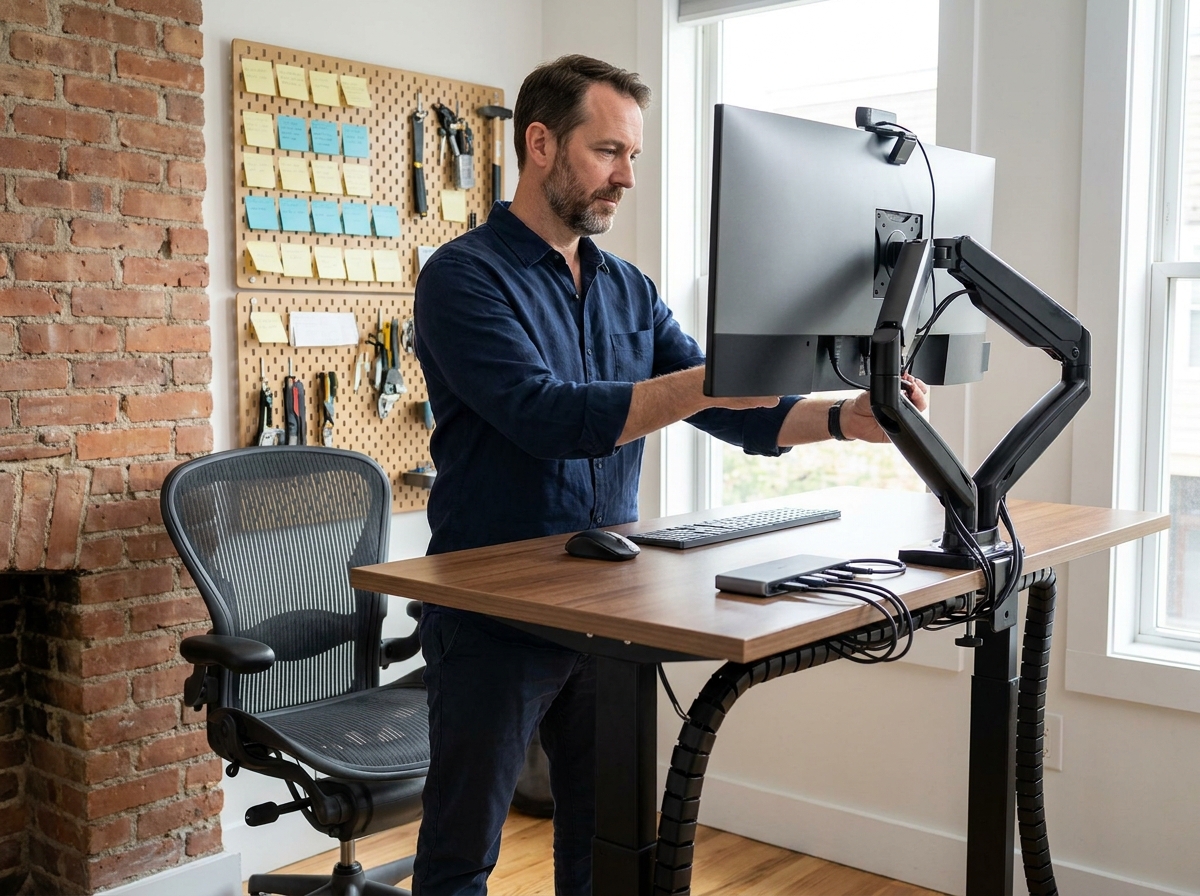 Homme debout à un bureau réglable en hauteur dans un home office avec bras de moniteur, hub USB-C et organisation par panneau perforé