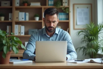 Homme d'affaires de 40 ans devant un ordinateur portable en bureau universitaire