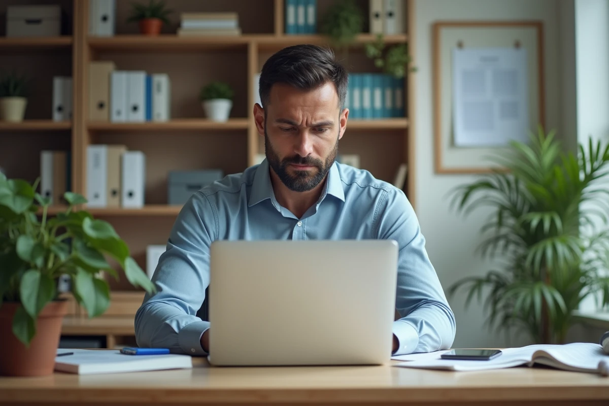 Homme d'affaires de 40 ans devant un ordinateur portable en bureau universitaire