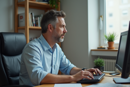 Homme d'âge moyen au bureau nostalgique des années 2000