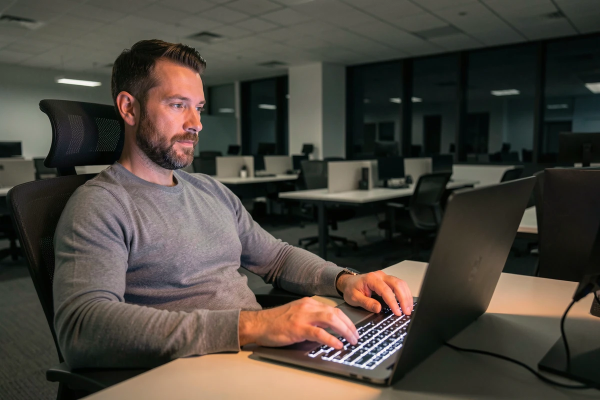 Homme travaillant tard au bureau sur un ordinateur portable avec clavier QWERTY rétroéclairé dans un open space vide
