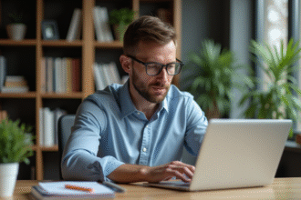 Homme concentré travaillant sur son ordinateur dans un bureau moderne