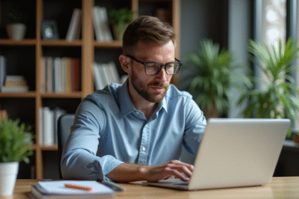 Homme concentré travaillant sur son ordinateur dans un bureau moderne