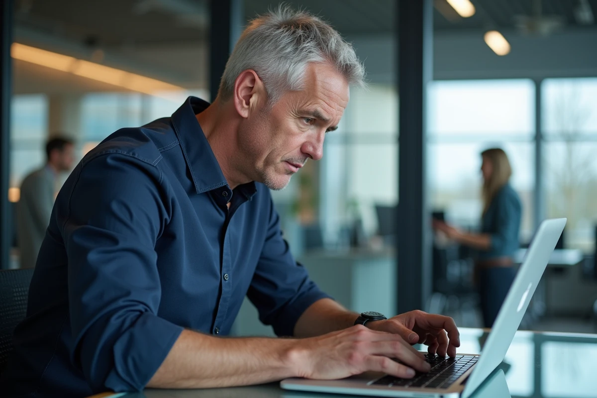Homme en bureau cherchant un raccourci clavier sur un clavier AZERTY pour insérer un symbole