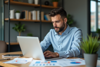 Homme concentré utilisant un ordinateur pour le SEO