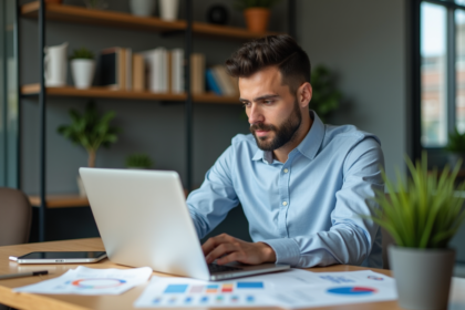 Homme concentré utilisant un ordinateur pour le SEO