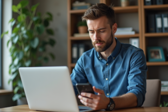 Homme en bureau moderne utilisant son smartphone et ordinateur