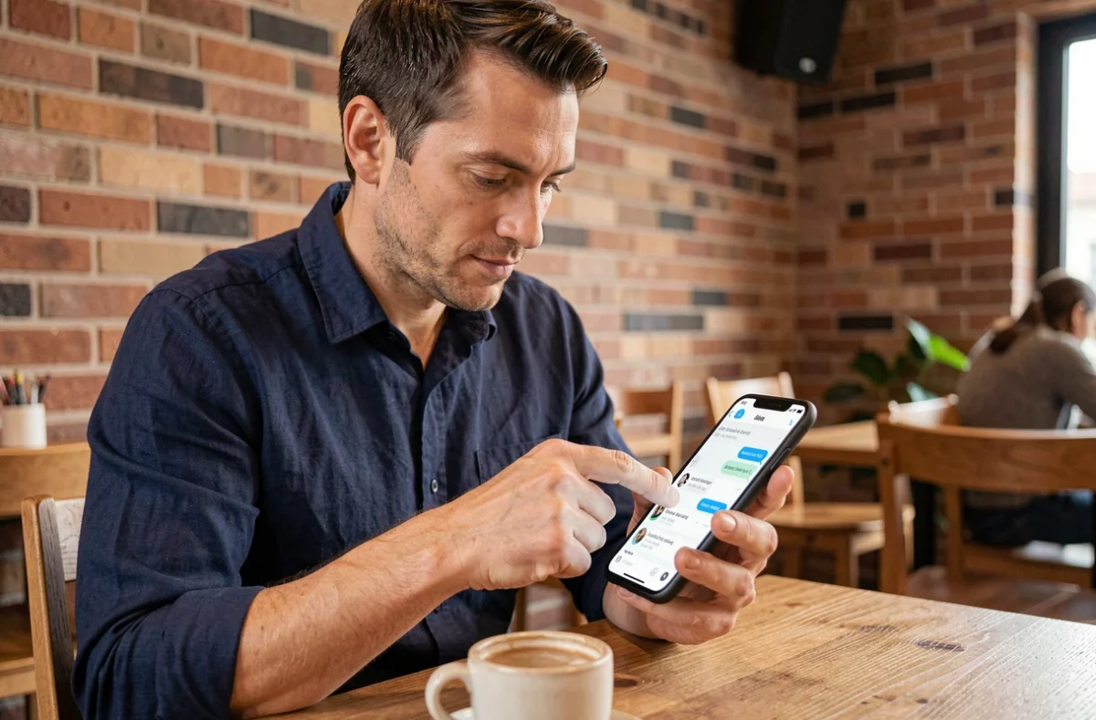 Homme dans un café supprimant un sondage obsolète sur Messenger pour organiser ses conversations