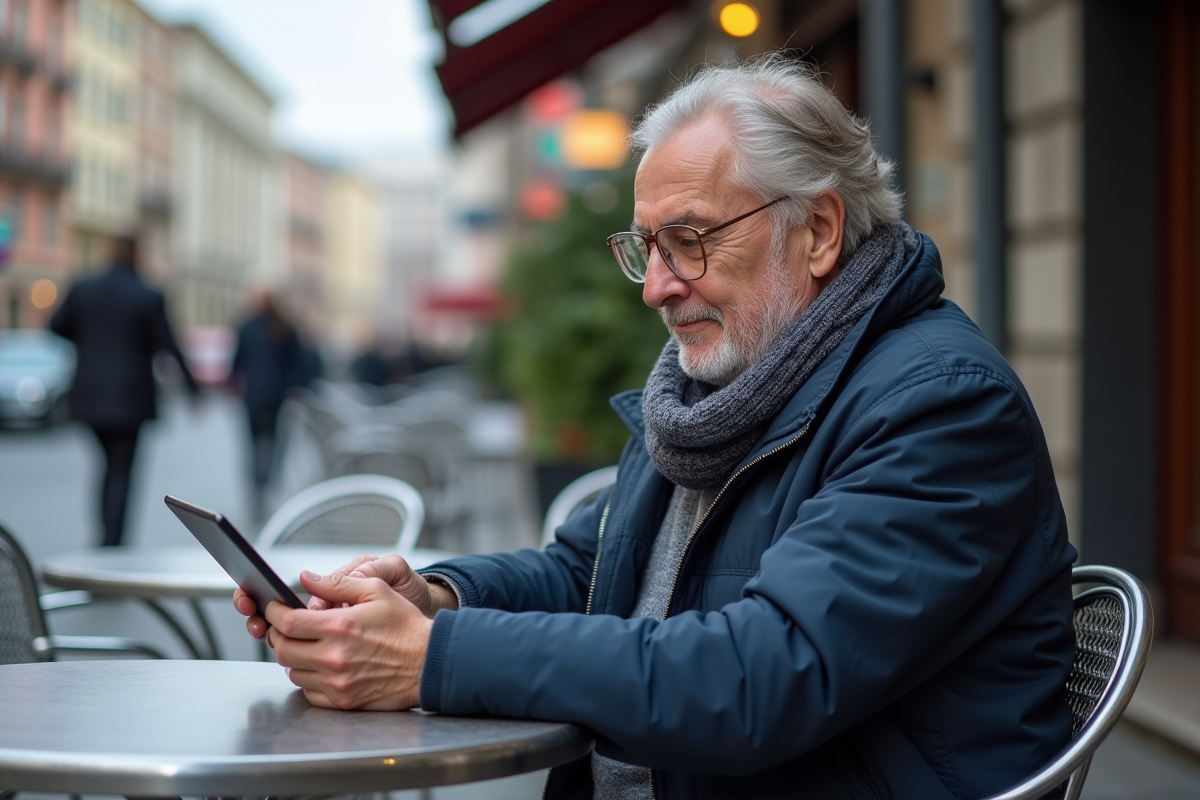 Homme d age moyen utilisant une tablette dans un café urbain