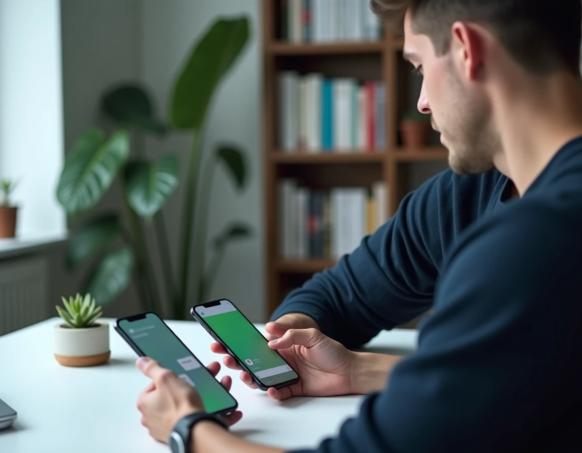 Homme comparant deux smartphones avec différentes applications de messagerie sur un bureau minimaliste, évaluant les alternatives à WhatsApp