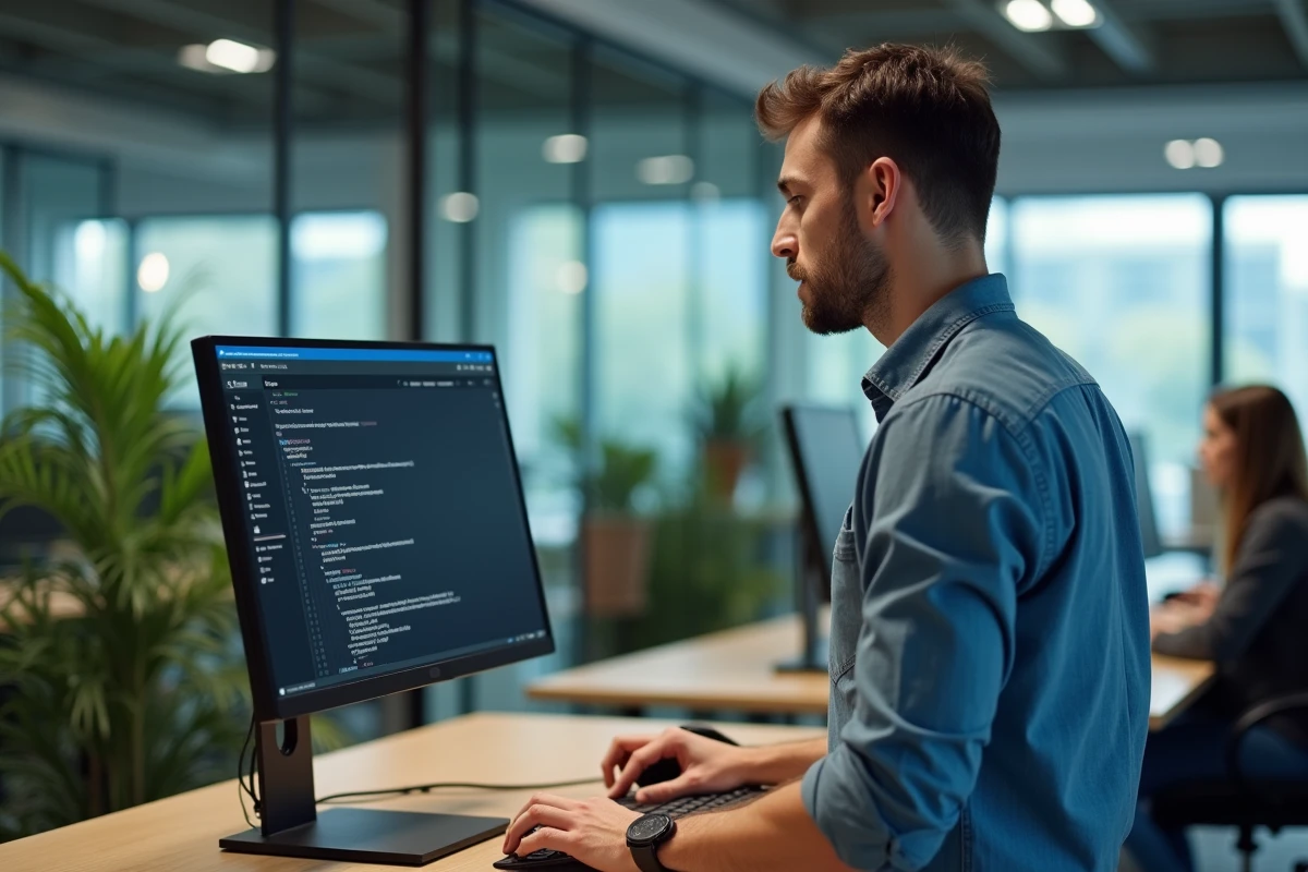 Homme configurant les paramètres de réception de courrier électronique sur un ordinateur de bureau dans un espace de travail moderne, pour éviter les blocages de messages