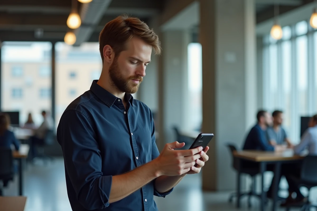 Homme dans un espace de coworking vérifiant le nombre de caractères de ses posts sur smartphone pour Twitter et LinkedIn