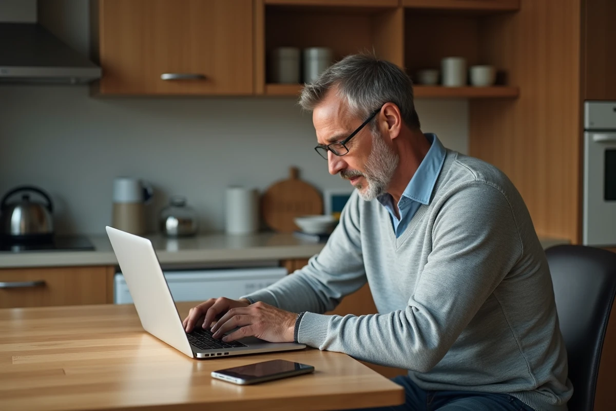 Homme au ordinateur dans sa cuisine à la maison