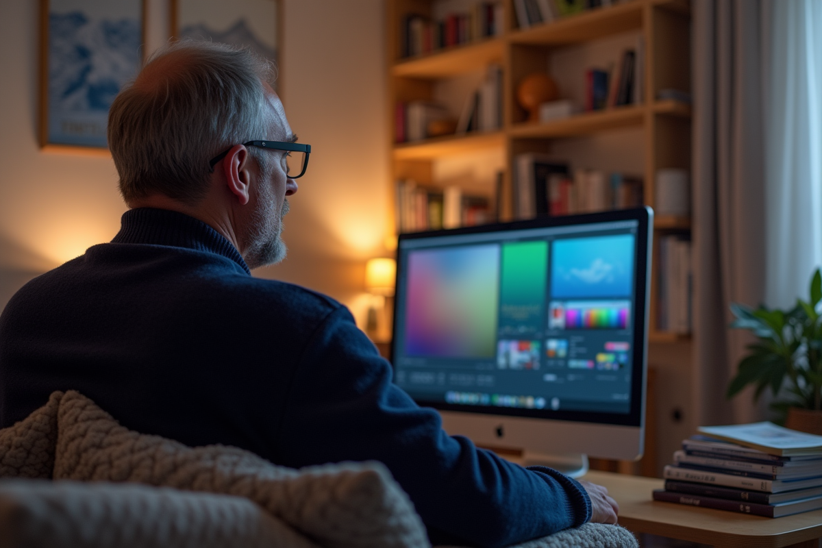 Homme examinant des échantillons de couleurs sur un moniteur dans un salon chaleureux