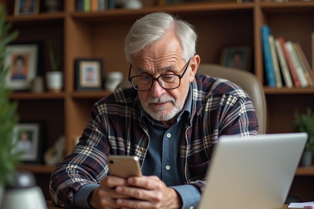 Homme âgé utilisant son iPhone dans un bureau à domicile