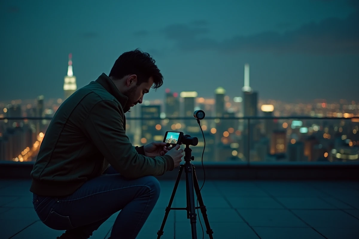 Homme photographiant un paysage urbain nocturne avec un iPhone sur trépied sur un toit terrasse